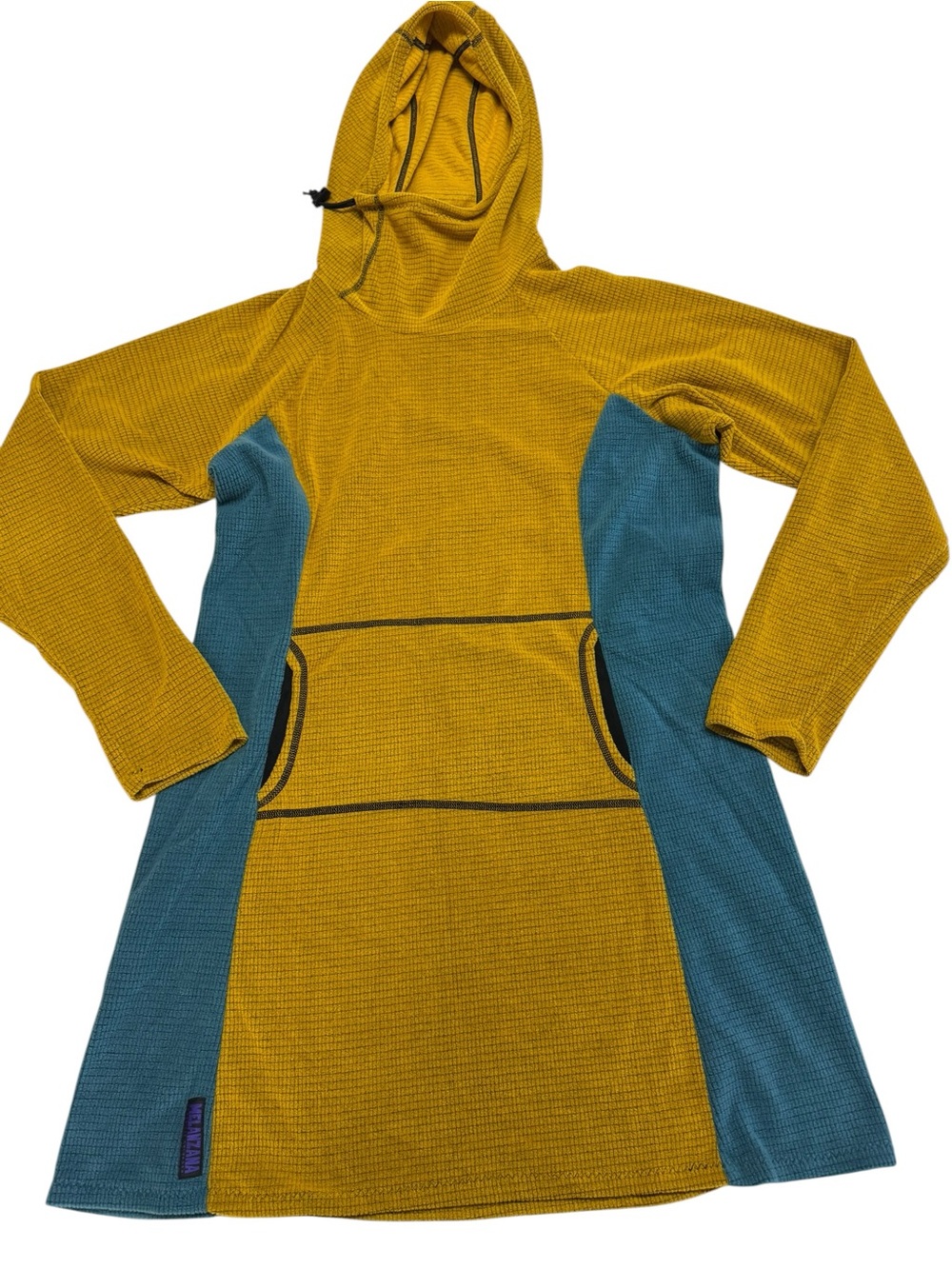Melanzana Micro Grid Fleece Hoodie Dress Mustard Yellow Blue Women’s Size XL